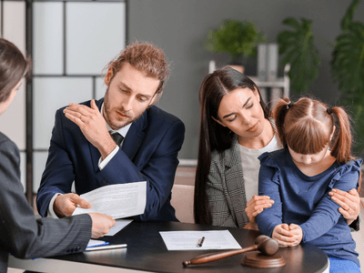 Parents sitting with their child going through a friendly divorce with the help of a lawyer